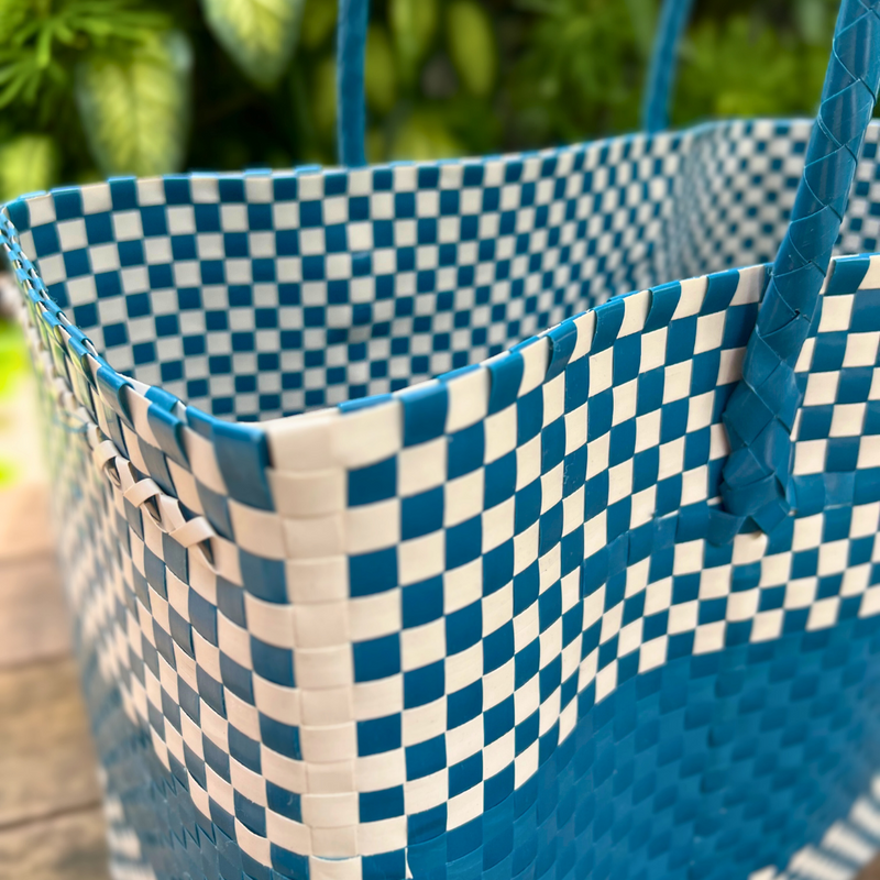 Teal Blue & White Handwoven Tote: Eco-Friendly Beach Bag Made from Recycled Plastic
