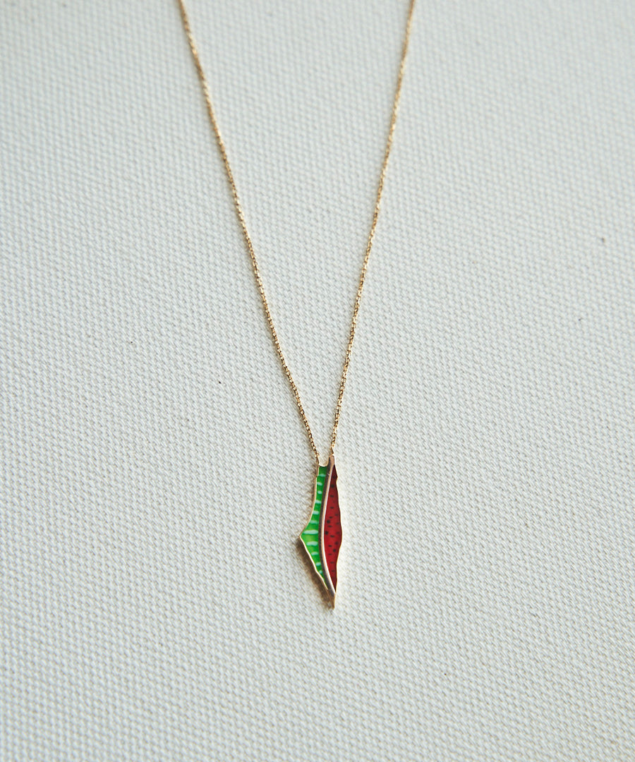 Watermelon Palestine Map Necklace with Colored Enamel