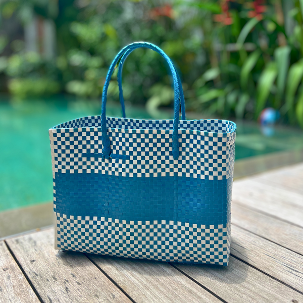 Teal Blue & White Handwoven Tote: Eco-Friendly Beach Bag Made from Recycled Plastic