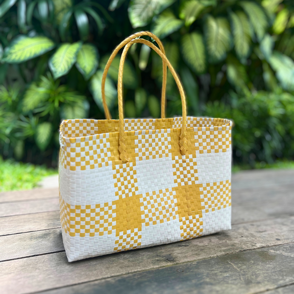 Pale Yellow & White Handwoven Tote: Stylish Beach Bag Made from Recycled Plastic