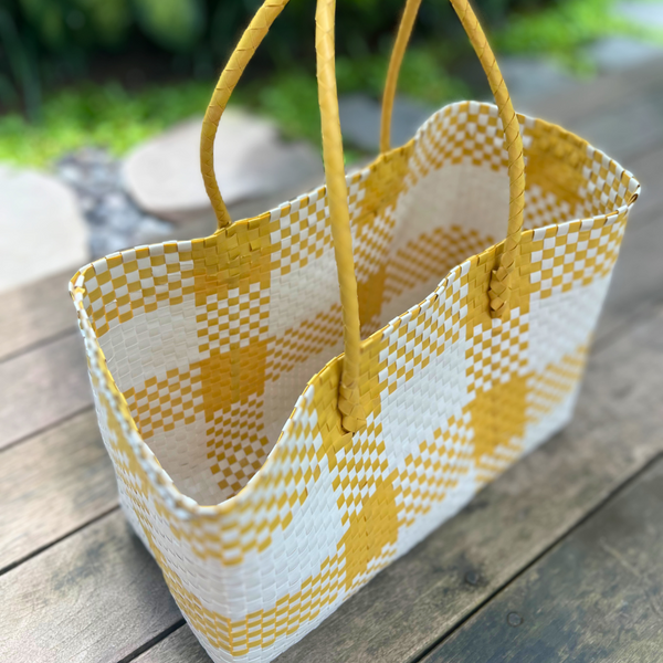 Pale Yellow & White Handwoven Tote: Stylish Beach Bag Made from Recycled Plastic