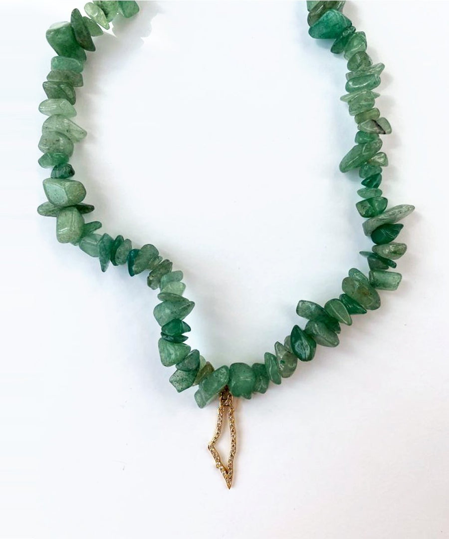 Palestine Outline Map Green Aventurine Chip Beaded Necklace with White Diamonds